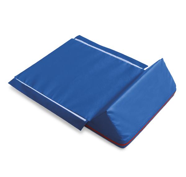 Blaues Keilkissen mit abnehmbarem Bezug für ergonomisches Sitzen und Rückenstütze.