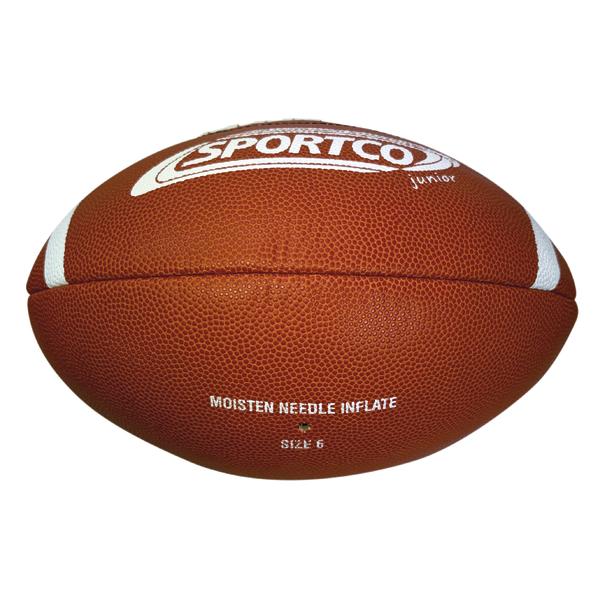 Seitenansicht eines braunen SPORTCO Junior Gummi-Footballs mit genoppter Oberfläche, weißen Streifen und klassischer American-Football-Form