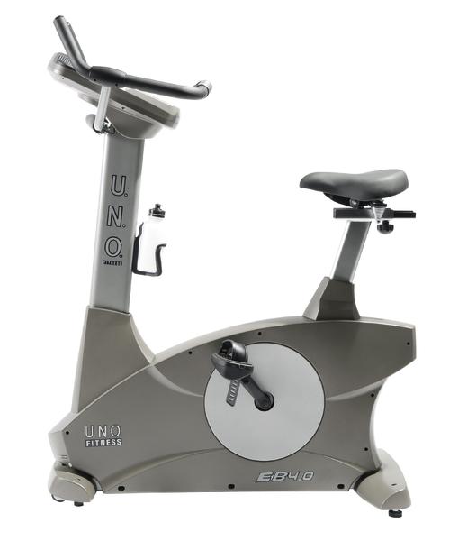 Stationäres Fitnessbike UNO Fitness EB40 mit verstellbarem Sitz und Lenker, graues Design.