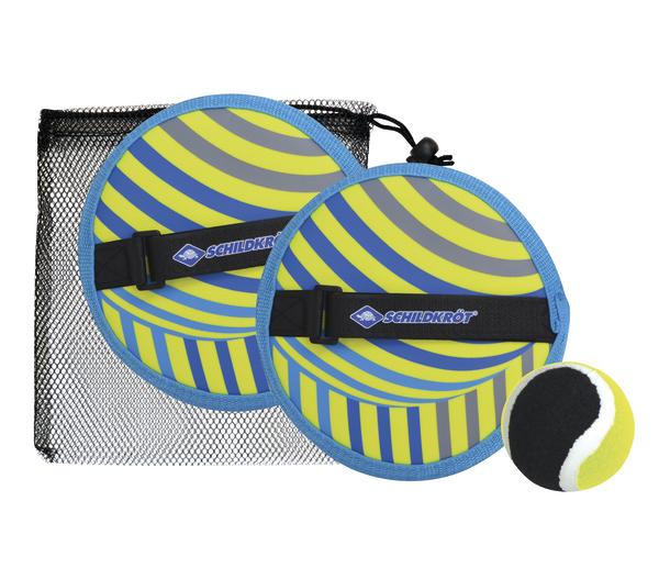 Zwei bunte Fangspiele mit Handschlaufe, Ball und Netzbeutel für Outdoor-Spaß.