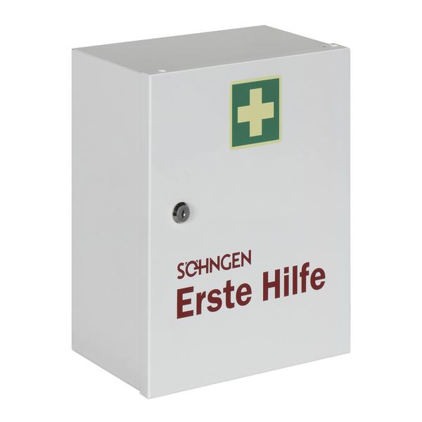 Erste-Hilfe-Schrank aus Metall mit grünem Kreuz und roter Aufschrift "Erste Hilfe".