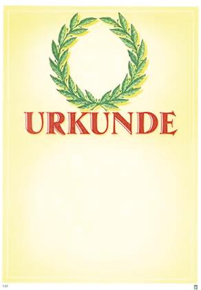 Urkunden-Vorlage mit grünem Lorbeerkranz und rotem Schriftzug "Urkunde" auf hellem Hintergrund.