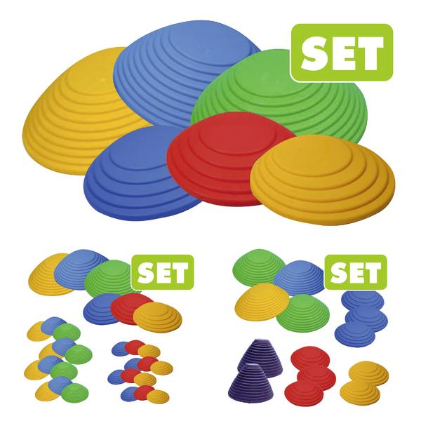 Bunte Balance-Steine in verschiedenen Farben und Größen, Set für Kinder und Sport.