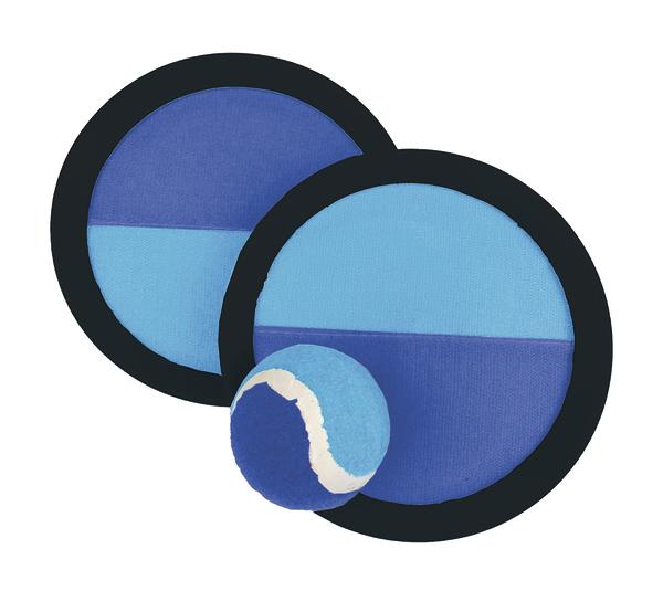 Zwei blaue Klettfangspiele mit Tennisball für Wurf- und Fangspiele im Freien.