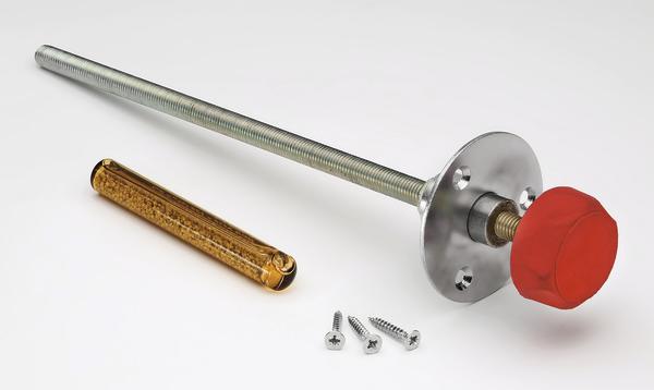 Montageset mit Gewindestange, Dübel, Schrauben und rotem Kunststoffgriff auf weißem Hintergrund.
