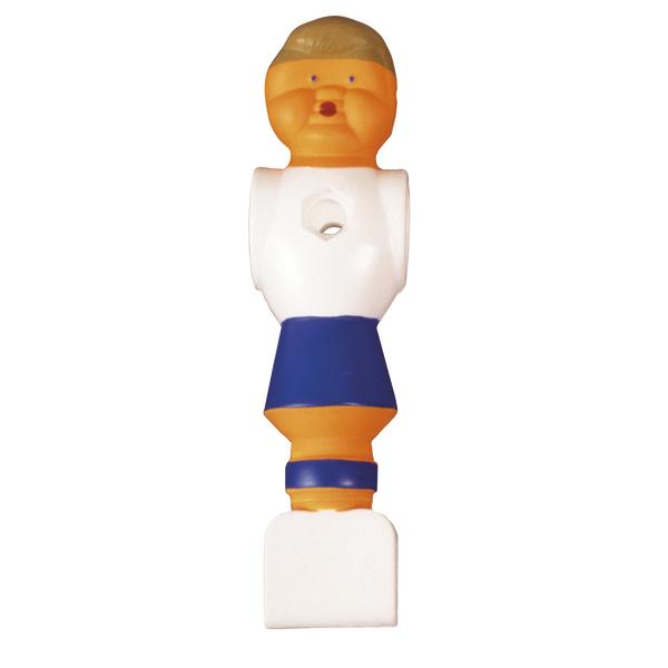 Tischfußballfigur in orange, weiß und blau mit Loch für Stange, isoliert auf weißem Hintergrund.