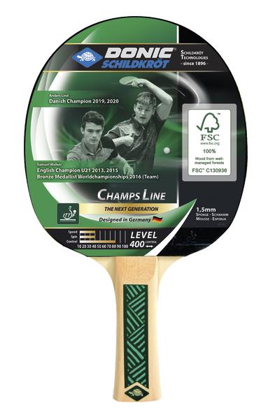 Donic Schildkröt Tischtennisschläger Champs Line mit FSC-Zertifikat und Spielerabbildungen.