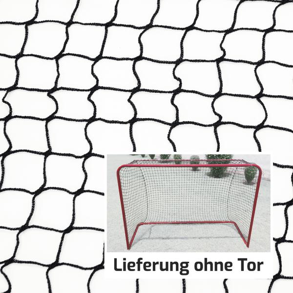 Schwarzes Netz mit quadratischem Muster auf weißem Hintergrund. Rotes Hockeytor ohne Netz auf grauem Boden, Text "Lieferung ohne Tor".