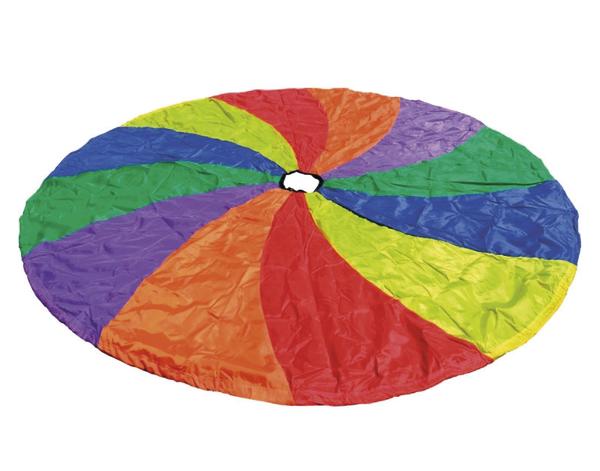 Buntes, rundes Spieltuch aus Nylon mit farbigen Segmenten und mittlerem Loch.