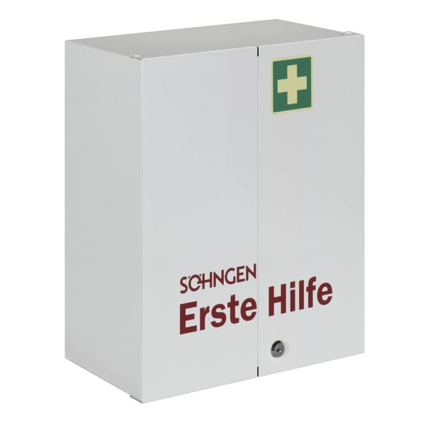 Erste-Hilfe-Schrank aus Metall mit grünem Kreuz und roter Aufschrift "Erste Hilfe"