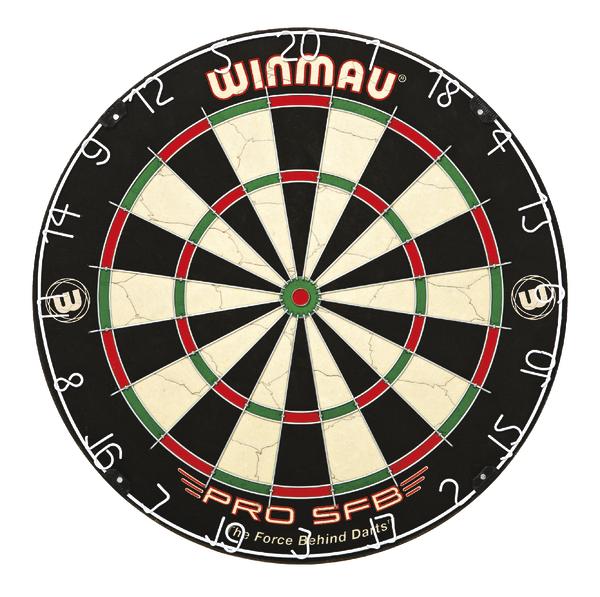 Dartscheibe Winmau Pro SFB mit klassischen Schwarz-Weiß-Segmenten und rotem, grünem Bullseye.