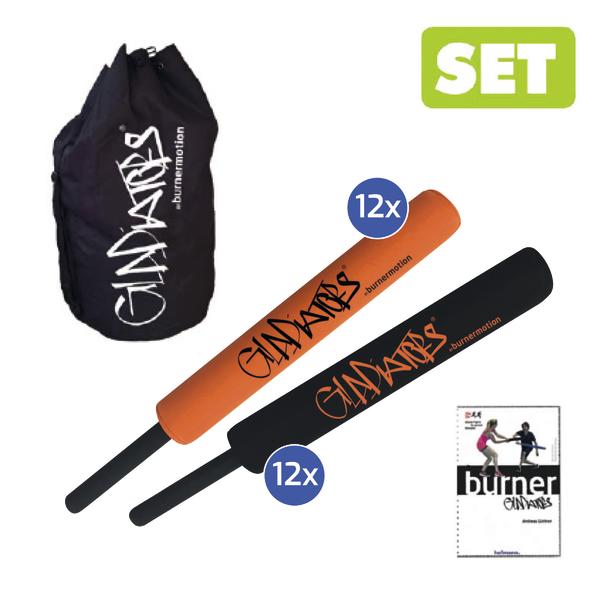 Orangefarbener und schwarzer Schläger mit je "12x" blauen Buttons, dazu dunkelblaue Aufbewahrungstasche und Buch mit grünem "SET" Button.