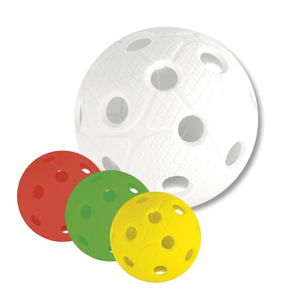 Vier bunte Floorballbälle in Weiß, Rot, Grün und Gelb mit Löchern und Struktur.