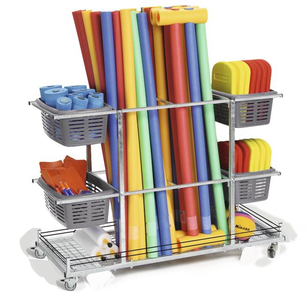 Bunter Schwimmhilfenwagen mit Poolnudeln, Schwimmbrettern und Schwimmzubehör auf Rollen.