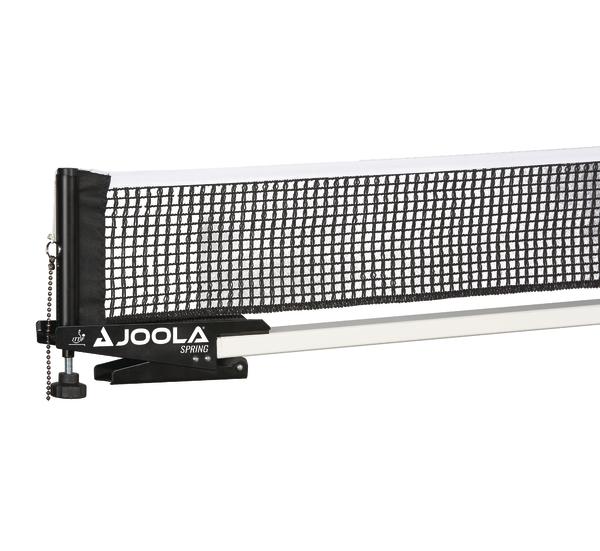 Tischtennisnetz JOOLA Spring, schwarz-weiß, mit Spannvorrichtung und Halterung.