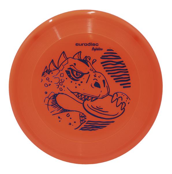 Orange Eurodisc Softdisc Frisbee mit blauem Dinosaurier-Motiv, rund und leicht.
