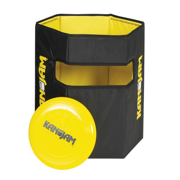 KanJam Wurfspiel mit einem schwarzen Behälter und gelber Frisbee-Scheibe vor weißem Hintergrund.