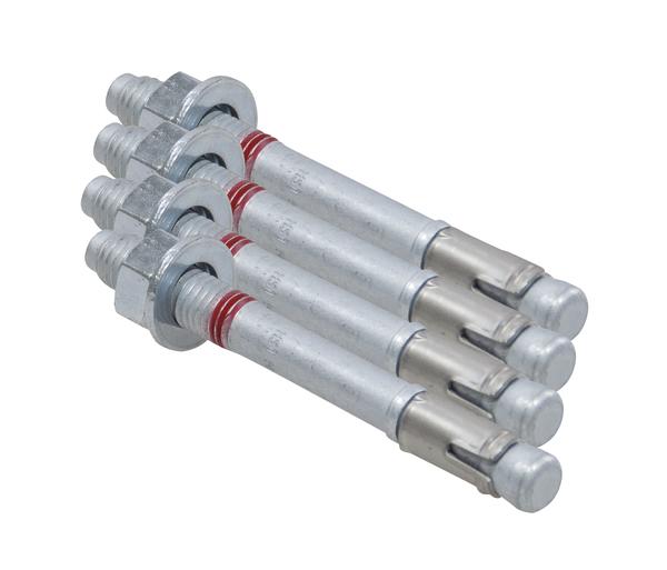 Drei verzinkte Metallspreizdübel mit Muttern für Befestigungen in Beton.