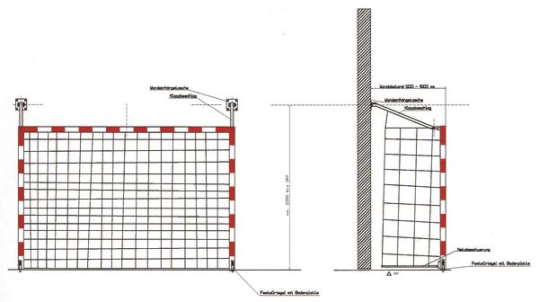 Technische Zeichnung eines Handballtors mit Maßen und Netzbefestigung in Vorder- und Seitenansicht.