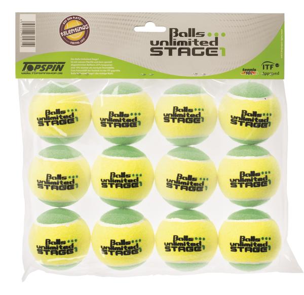 12 gelb-grüne Tennisbälle der Marke Balls Unlimited Stage 1 im transparenten Verpackungsbeutel.