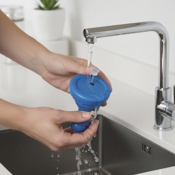 Hände spülen einen blauen Gegenstand unter fließendem Wasser am Waschbecken.