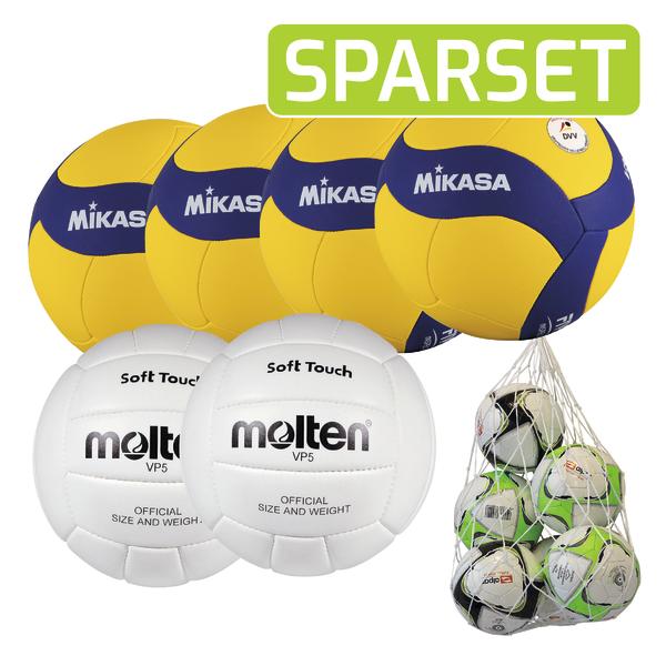 Volleyball- und Fußbälle im Sparset, inklusive Mikasa Volleyball und Conti Volleyball, mit Netzbeutel.