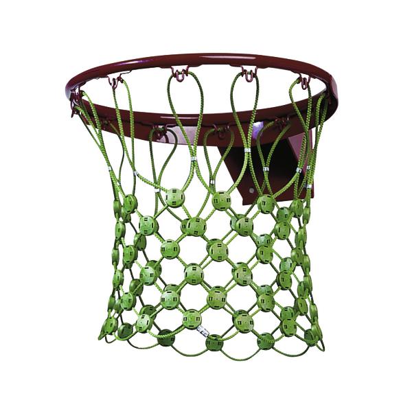 Basketballkorb mit grünem Netz und rotem Metallring vor weißem Hintergrund.