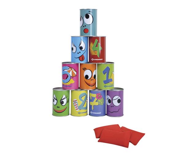 Bunte Dosen mit Zahlen und Gesichtern für Dosenwerfen, dazu drei rote Wurfsäckchen.