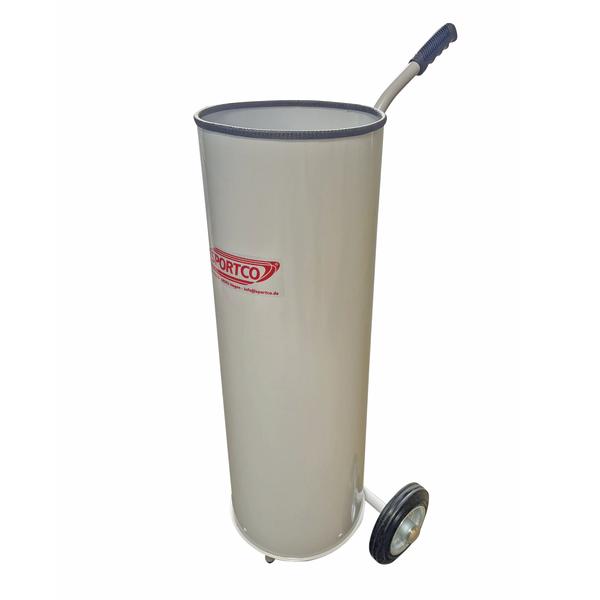 Edelstahl Transportbehälter mit Griff und zwei Rädern für einfache Mobilität.