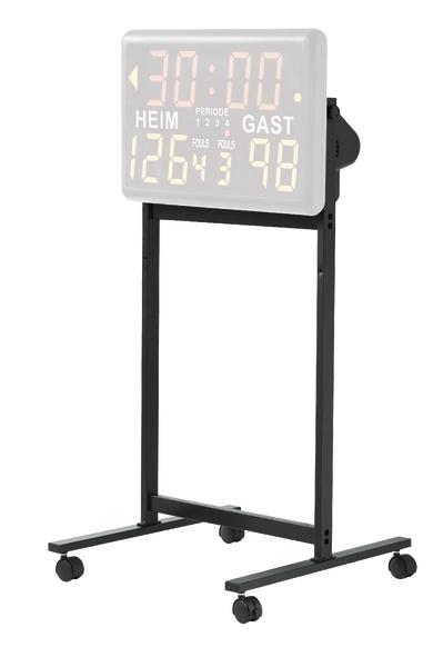 Elektronische Sportanzeige auf fahrbarem Ständer mit Spielzeit und Punktestand.