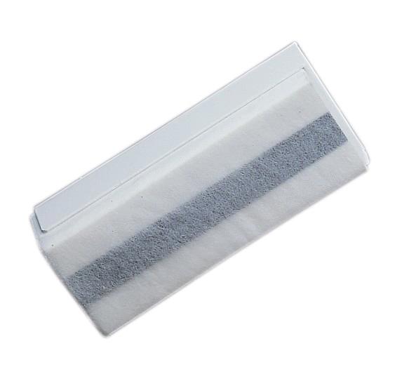 Magnetischer Tafelwischer mit weißem und grauem Reinigungspad.