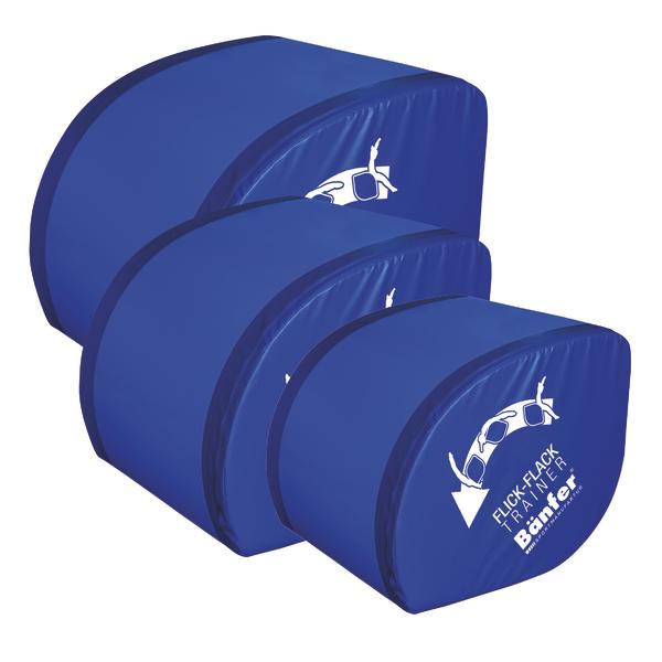 Blaue Flick-Flack Trainer Schaumstoffrollen in drei Größen für Turnübungen und Akrobatiktraining.
