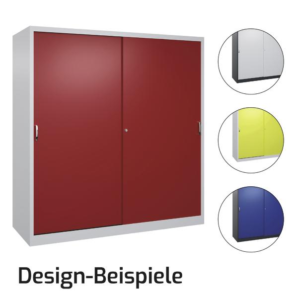 Schrank mit roten Schiebetüren und weißen Rahmen, Designbeispiele in Weiß, Gelb und Blau.