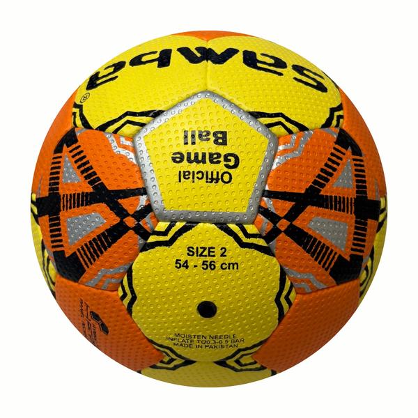 Gelb-oranger SAMBA „Official Game Ball“ Handball, Größe 2 (54–56 cm), mit schwarz-silbernem Grafikdesign und strukturierter Grip-Oberfläche.