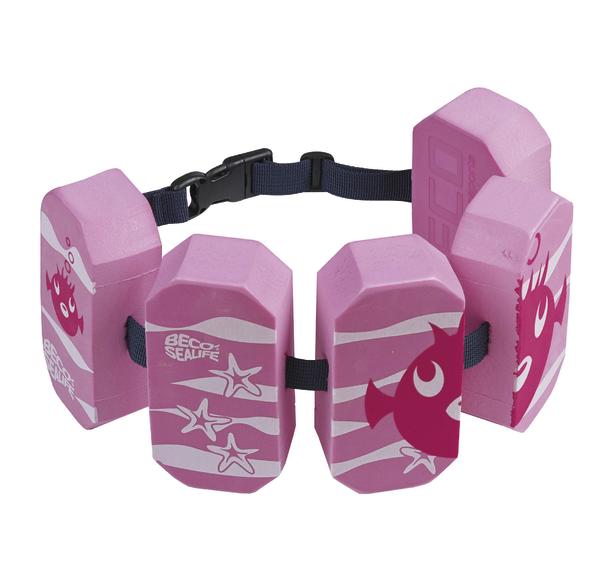 Schwimmgürtel für Kinder in Pink mit Fisch- und Seestern-Motiv, verstellbar und sicher.