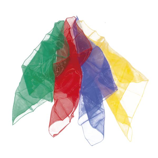 Bunte transparente Tücher in Grün, Rot, Blau und Gelb auf weißem Hintergrund.