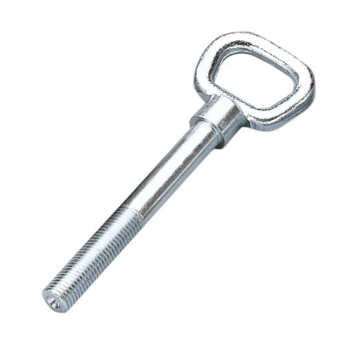 Metallischer Reckstecker mit Gewinde, isoliert auf weißem Hintergrund.