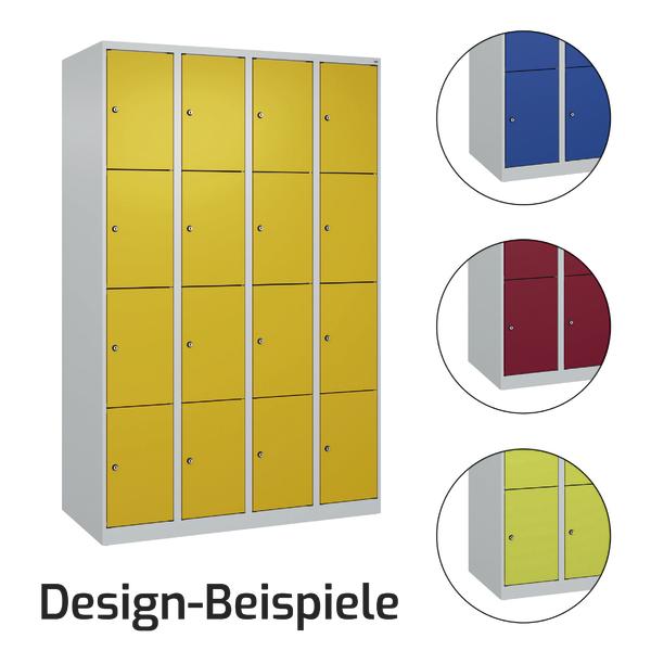 C+P Schließfachschrank mit 16 Schließfächern, gelben Türen, lichtgrauem Korpus und verschiedenen Farbdesigns.