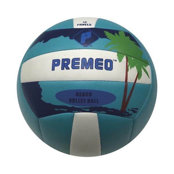Blauer und weißer Beachvolleyball mit Palmenmotiv und Aufschrift "PREMEO".