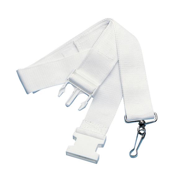 Weißes verstellbares Regulierband mit Kunststoffverschluss und Metallhaken für Tennisnetze.