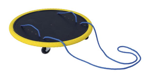 Rundes Rollbrett mit gelbem Rand und blauer Zugleine für Kinder zum Spielen und Balancieren.