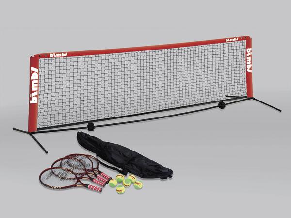 Tragbares Badmintonnetz mit Schlägern, Bällen und Tragetasche für Outdoor-Spiele.