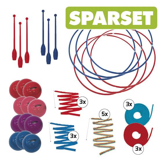 Sparset mit roten und blauen Keulen, Reifen, Bändern und Jonglierbällen.