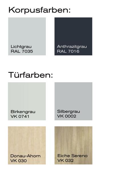 C+P Farbpalette für Spinde mit Holzoptik-Dekortüren in verschiedenen Farben.