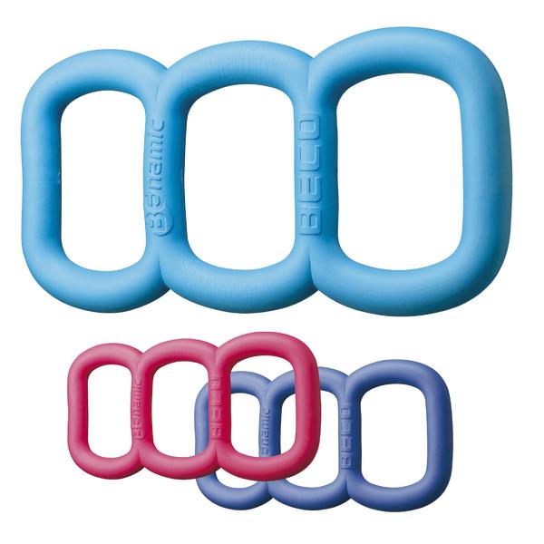 Verschiedene bunte, rechteckige Greif- und Trainingsringe aus Kunststoff in Blau, Rot und Lila.