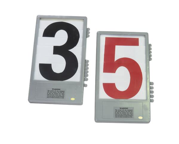 Zwei Wechselziffern mit den Zahlen 3 (schwarz) und 5 (rot) auf weißem Hintergrund.