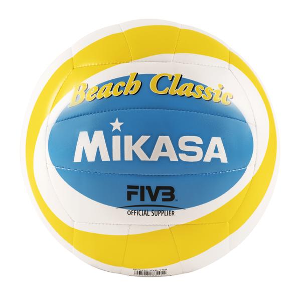 Mikasa Beach Classic Volleyball in Gelb, Weiß und Blau, offizieller FIVB Spielball.