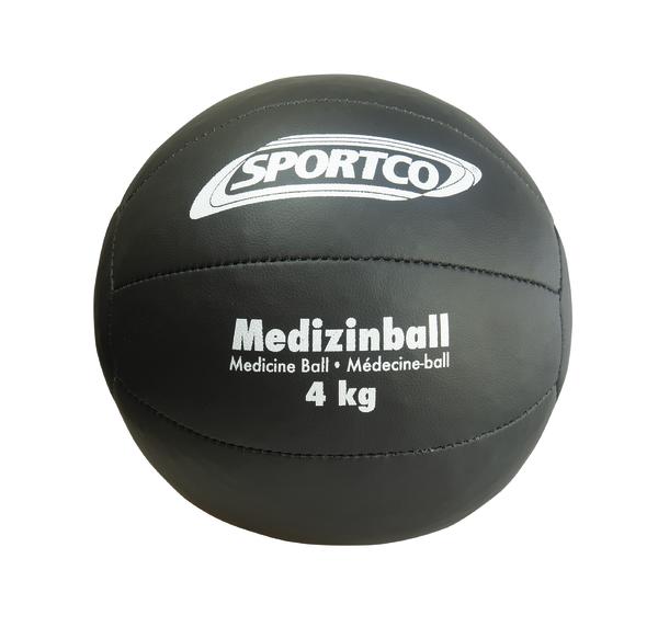 Medizinball 4 kg von Sportco, schwarzer Trainingsball für Kraft- und Fitnessübungen.