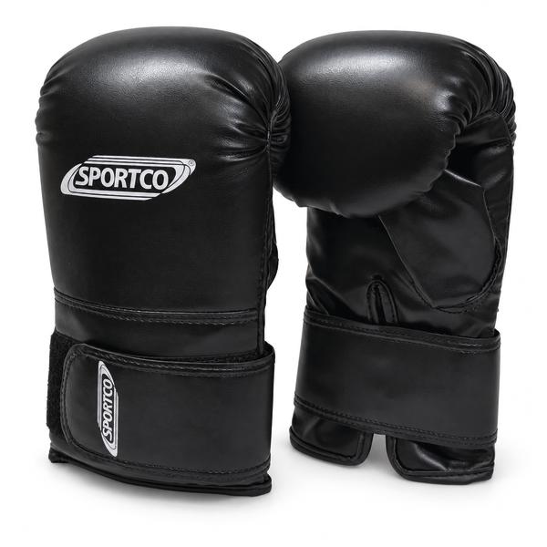 Paar schwarze Sportco Boxhandschuhe mit gepolsterter Schlagfläche, breiten Klettverschlüssen am Handgelenk und weißen Sportco Logos.