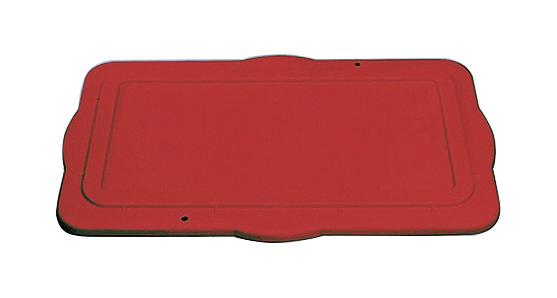 Roter Klemmdeckel aus Kunststoff mit Griffen.